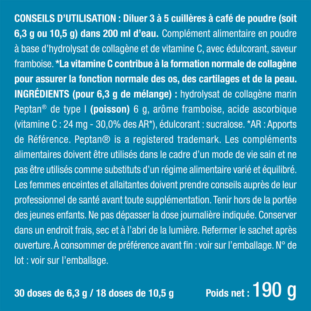 Posologie et étiquette du complément alimentaire Collagène Marin en Poudre de Nutrimea