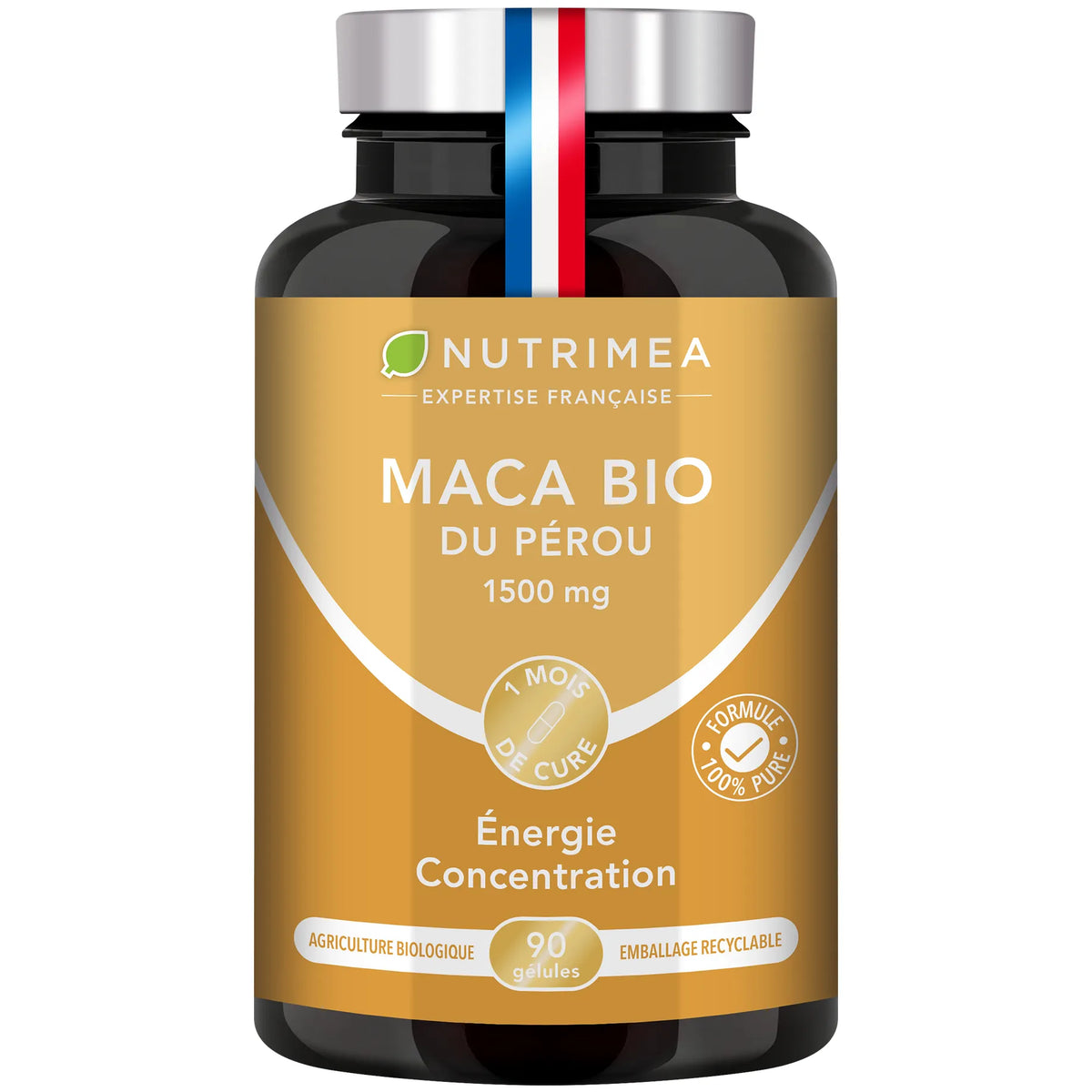 Fond blanc du pilulier de Maca Bio