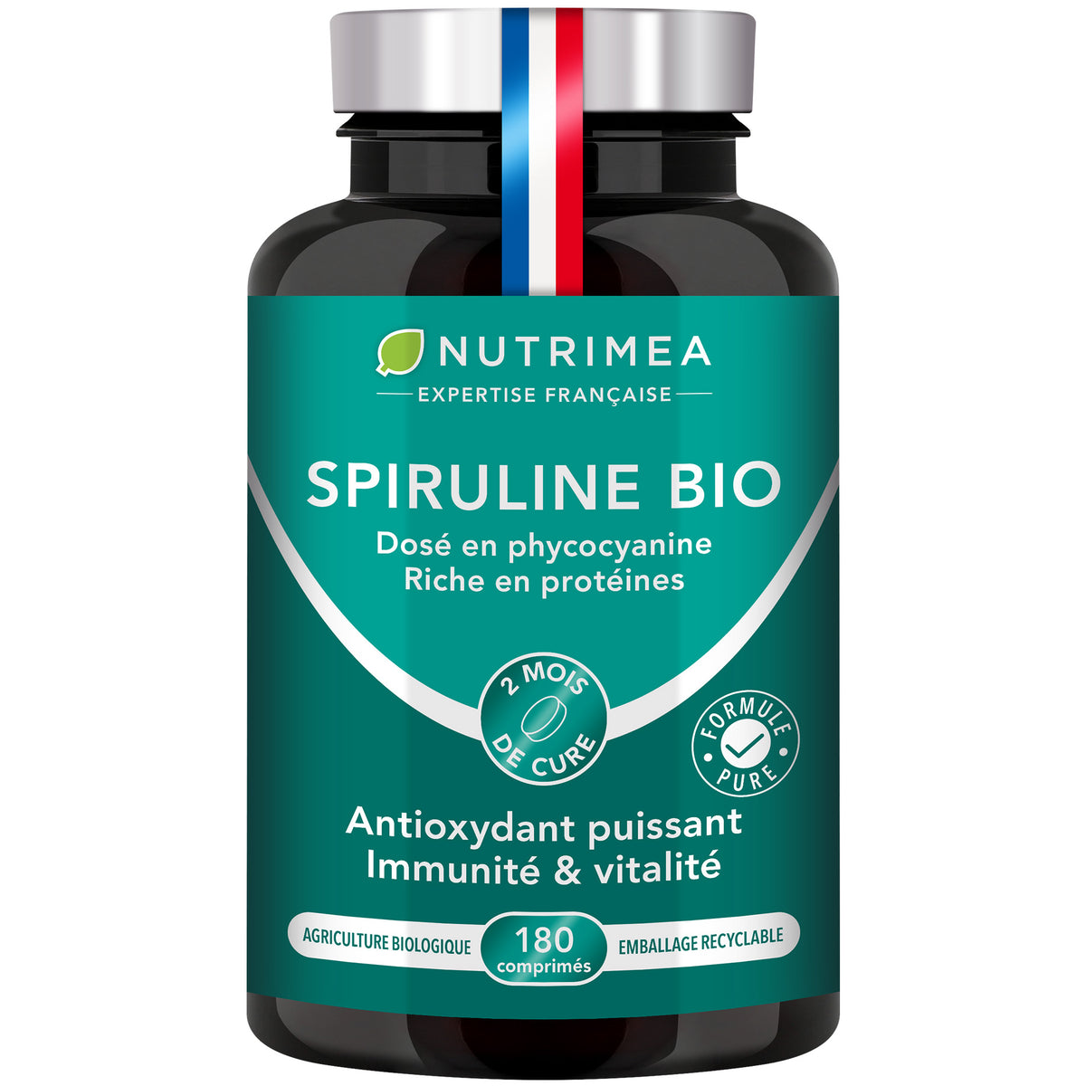 Fond blanc du pilulier de Spiruline Bio 180